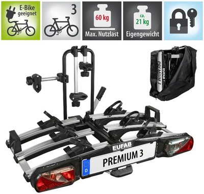 Eufab Premium 3 Fahrradträger für 3 Fahrräder Heckträger abklappbar E-Bike 11522