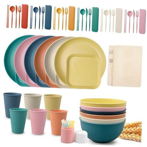48 Pieces Wheat Straw Dinnerware Sets for 6,Reusable Plates Bowls, Outdoor