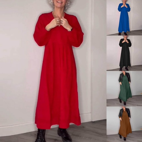 Women Elegant Long Sleeve Loose Plain Maxi Dresses Casual Solid Maxi Long Dress