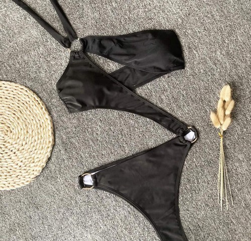 Fashion Women One-piece Hollow Out Bikini Solid Color Sexy Swimwear Hang Bandage - Picture 9 of 12