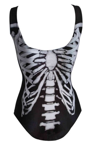 Black & White X-Ray Skeleton Ribcage Bones Swimsuit Bodysuit Top Goth Punk - Picture 3 of 4