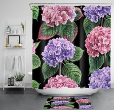 Pink and Blue Hydrangea Flower on Black Shower Curtain Set for Bathroom Decor