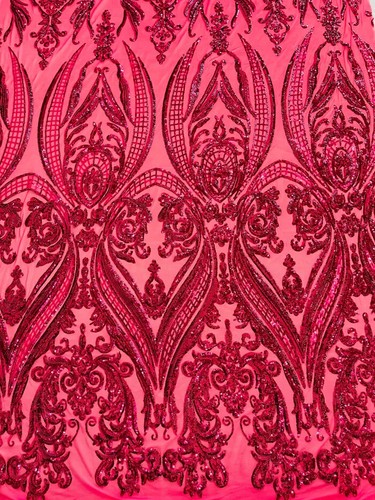 Fancy Big Damask Sequins - Fuchsia - 4 Way Stretch Sequins Fabric By Yard
