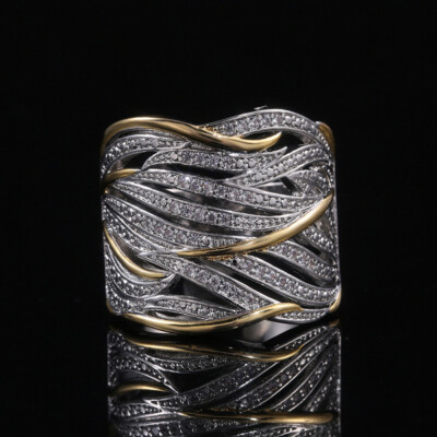 Elegant Two Tone Ring Women Full Crystal Jewelry Wedding Party Ring Size 6-10