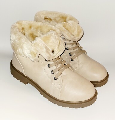 Olivia Miller Ana Faux Fur Combat Ankle Boots Hiking Beige Bone Lace Up Wms  10US