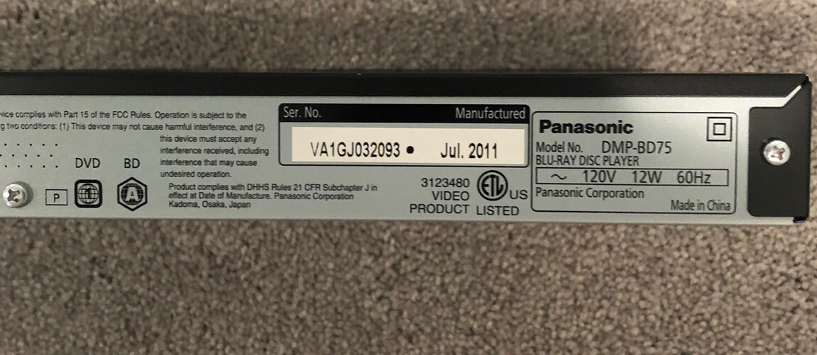 Panasonic DMPBD75 BluRay DVD Disc Player Black with HDMI Cable Tested