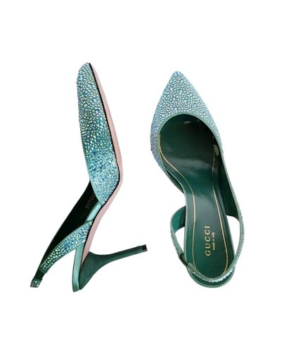 Gucci SWAROVSKI Crystal Embellished Teal Slingback Pump Heels 37,5 - Picture 5 of 13