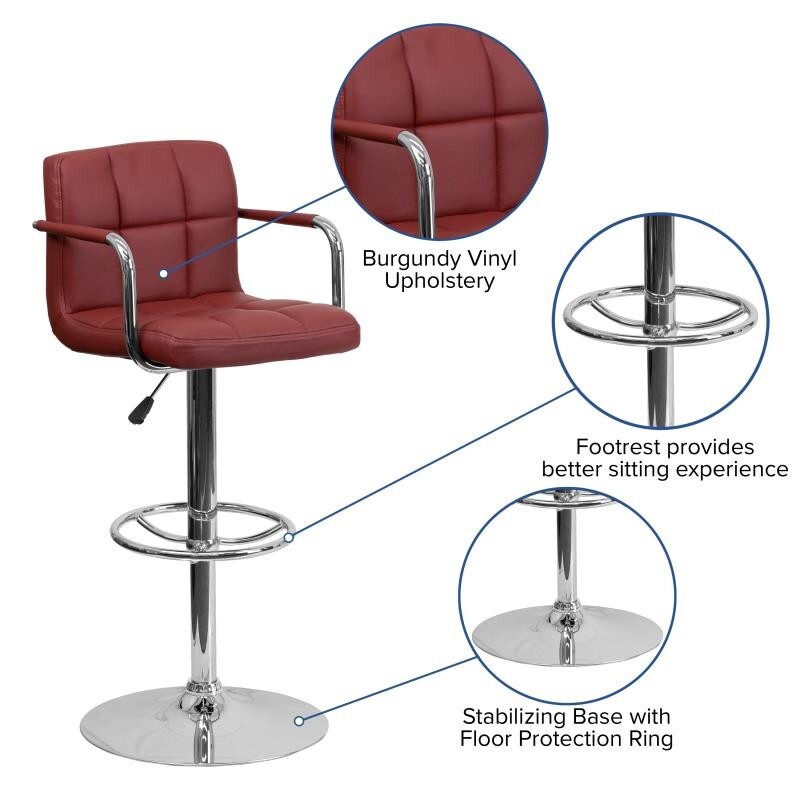 Contemporary Burgundy Quilted Vinyl Adjustable Height Bar Stool with Arms