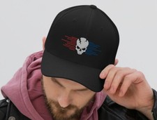 FLEXFIT Twill Fitted Hat 6-Panel Cap S/M L/XL SKULL CRUSHER RED WHITE BLUE USA