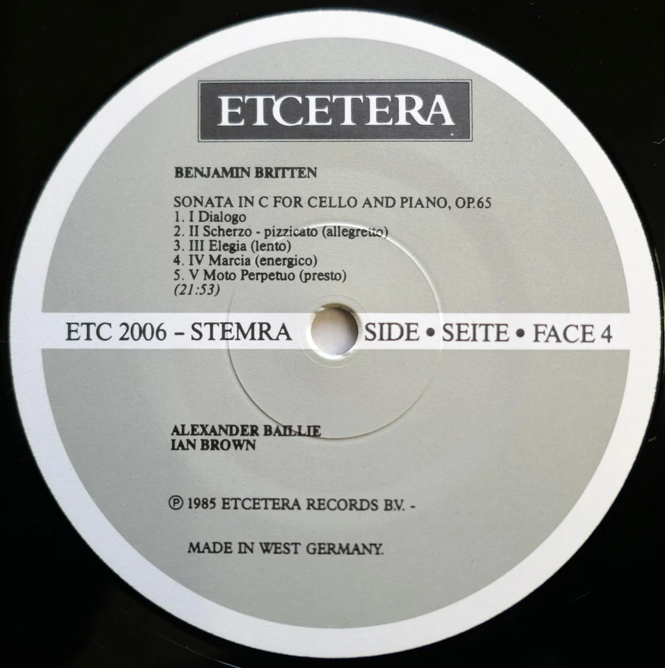 Britten Three Solo Cello Suites Sonata Alexander Baillie 2LP Etcetera ETC 2006 - Image 2 of 4