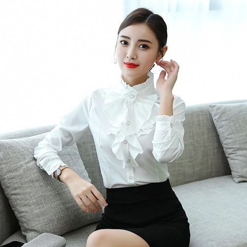 Camisa Blusa Top Oficina Dama Cuello Alto Volantes Manga Larga Calce Ajustado Formal - Imagen 6 de 23
