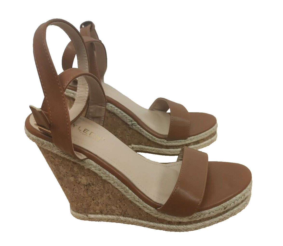 KAYLEEN BY Los Angeles Tan Leather Strappy Platform Wedge Sandal Shoes Size 8.5
