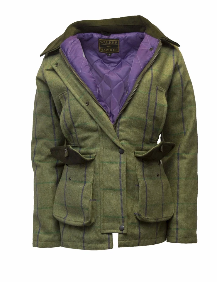 WALKER AND HAWKES Walker & Hawkes Damas Derby Tweed Tiro Country Chaqueta Abrigo RAYAS MORADAS