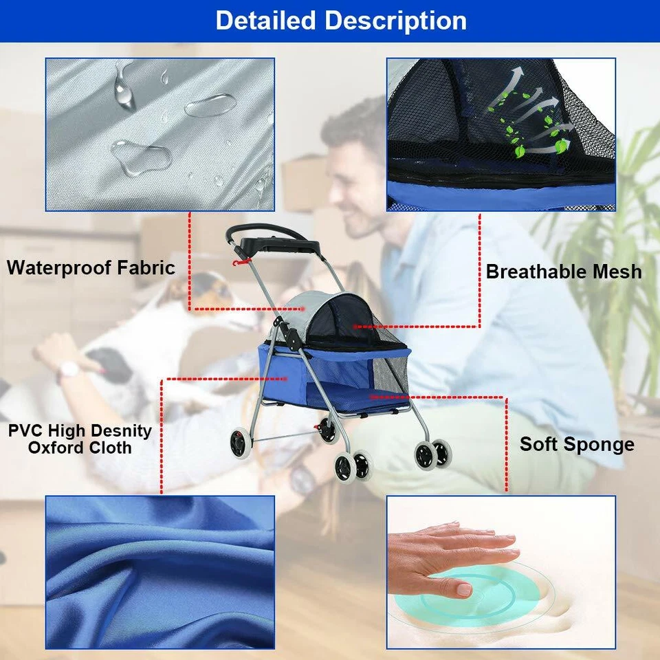 4 Wheels Posh Folding Waterproof Portable Travel Cat Dog Stroller w/ Cup Holder - Image 4 of 4