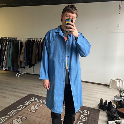 Vintage French German Workwear Blue Long Chore Utility Jacket Coat Size M/L