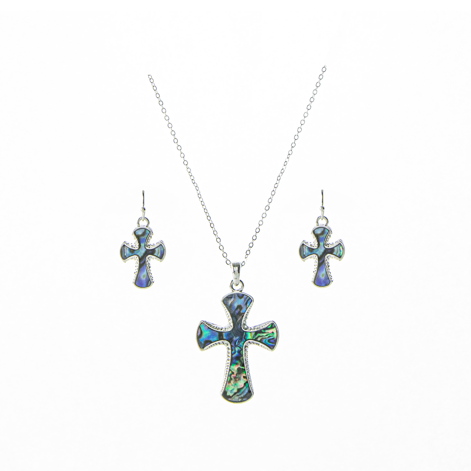 Sunflower Garden Abalone Shell Cross Pendant, Necklace - Earrings Set