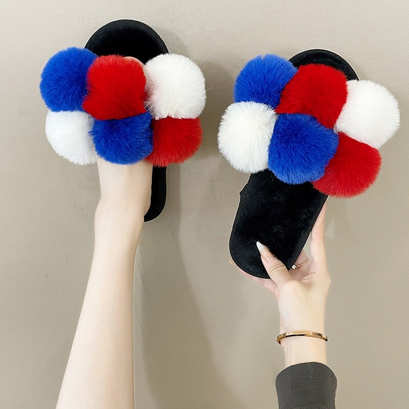 PANTOFOLA D’ORO Sandali donna soffici ciabatte foderate in pelliccia sintetica scarpe basse pompon palline slip on casa