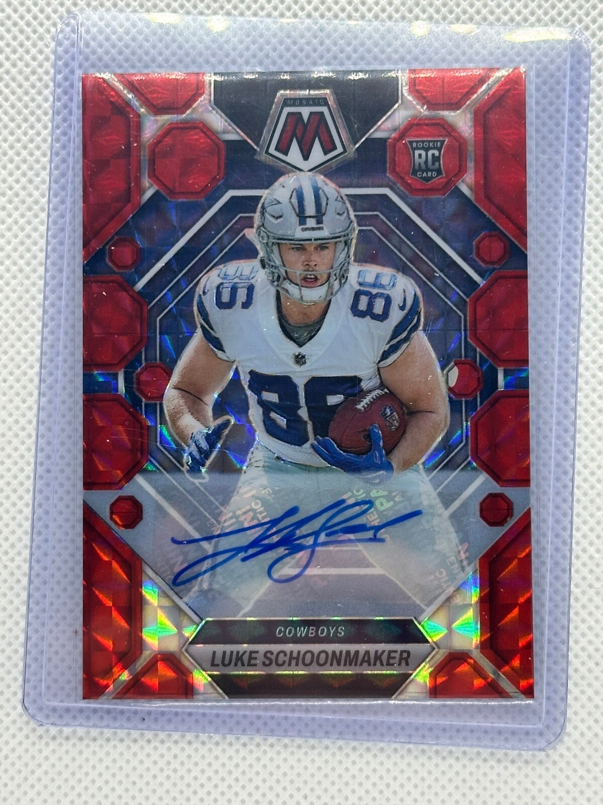 LUKE SCHOONMAKER 2023 Panini Mosaic # 344 RC Rookie Auto Red Mosaic Prizm 74/199