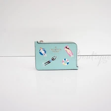 NWT Kate Spade K7200 Medium L-Zip Card Holder Key Ring Leather Poolside Blue 129