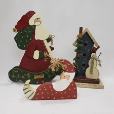 Christmas Decor Wood Cutouts Santa Snowman Birdhouse Country Primitive 3pc Lot