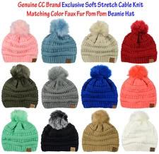 New! CC Beanie Soft Stretch Cable Knit Colored Faux Fur Pom Pom CC Hat