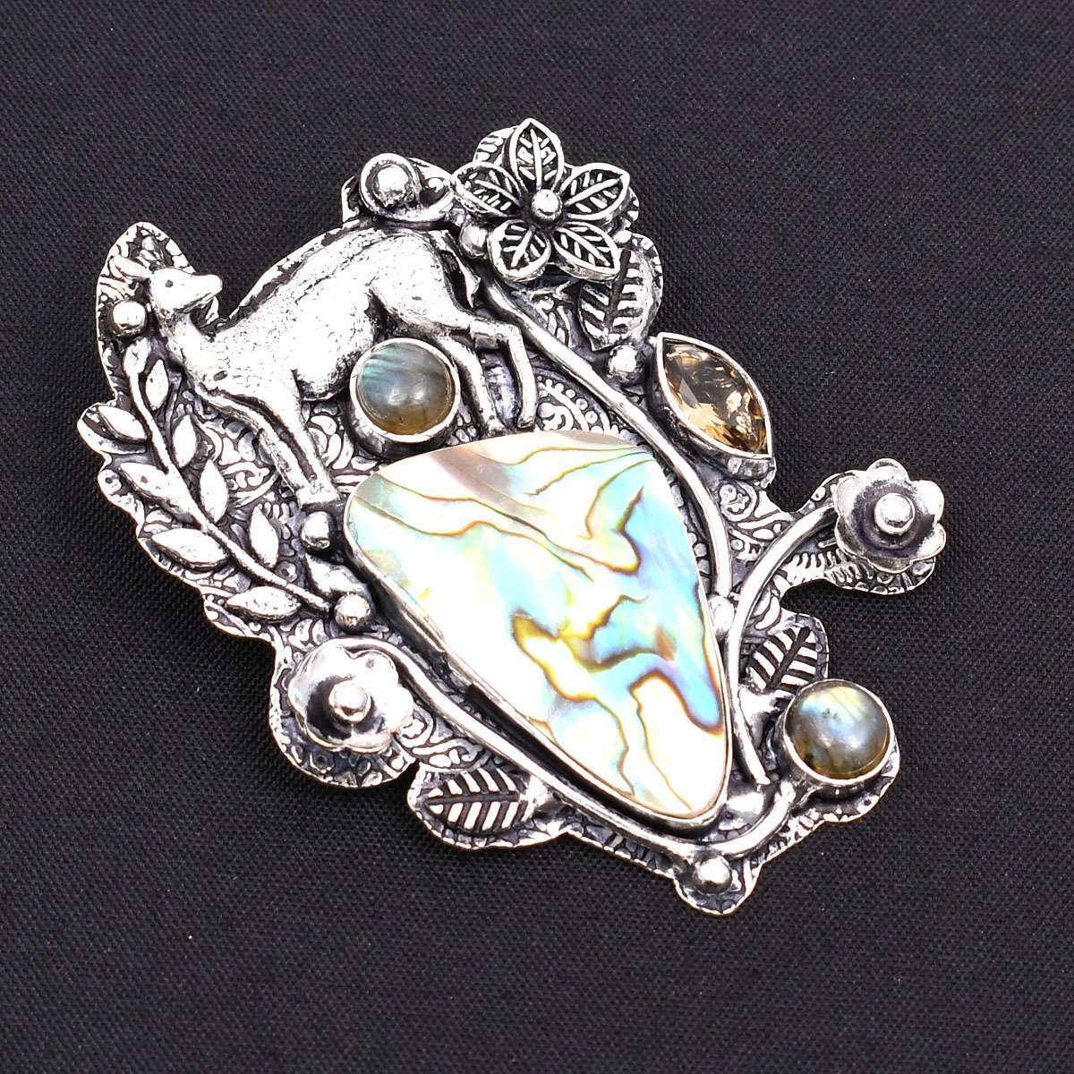 Abalone Shell Labradorite Gemstone Ethnic Animal Pendant Jewelry 2.12