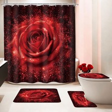 Red Rose 4Pcs Shower Curtain Sets Modern Floral Beautiful Blooming Flower Rom...