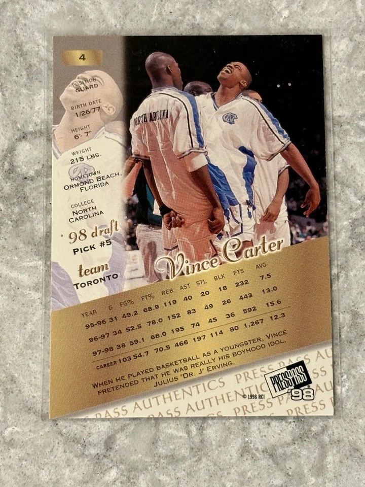 1998 PressPass Vince Carter RC Rookie Card HOF Toronto Raptors SSP Sparkle Auto - Image 2 of 2