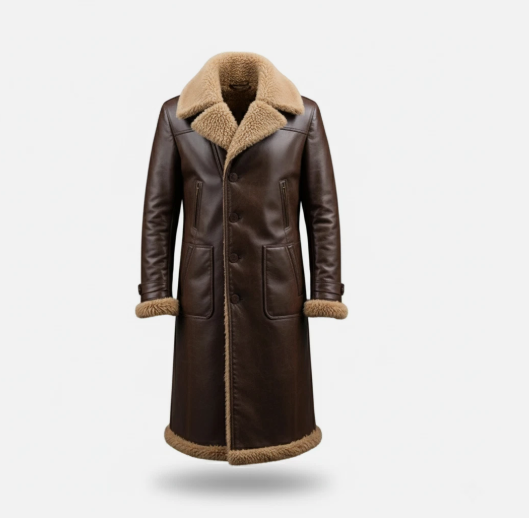 Men’s Long Shearling Leather Coat – Genuine Sheepskin Winter Trench Jacket