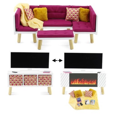 18 Inch Doll Pink Living Room Furniture Set - Complete Entertainment Center with
