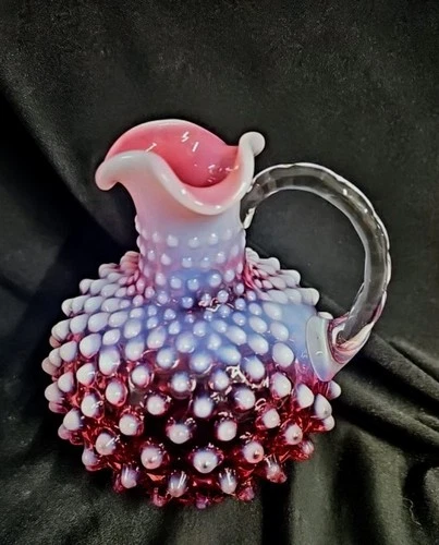 Fenton Rose Vintage Cranberry Opalescent Hobnail 5" Ruffled Pitcher