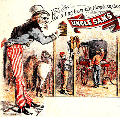 Uncle Sam Harness Oil Can Leather Workers Horse Livery Victorian Trade Card j.US