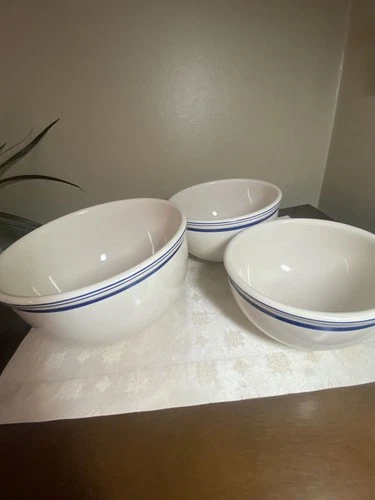 Ralph Lauren Blue Cafe Stripe Set Of 3 Mixing Stoneware Bowls