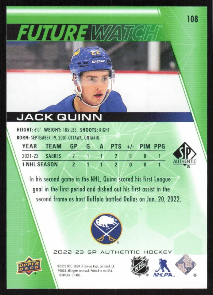2022-23 SP Authentic Future Watch Rookie Green #108 Jack Quinn /199 Sabres - Image 2 of 2