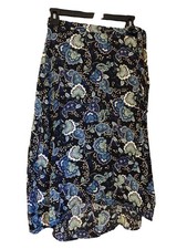 Loft Black With Blue Floral Paisley Lightweight Knee Length Wrap Skirt Sz 2