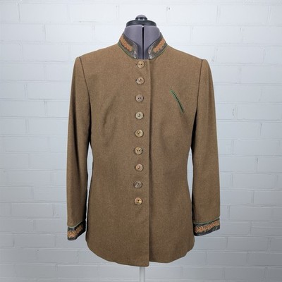 Walser Austrian Loden Brown Jacket Trachten Janker Wool Leather Women s 42 UK 14