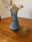 Vtg Fenton Periwinkle Blue Overlay White Interior Wheat Sheaf Vase  7 1/2” Tall