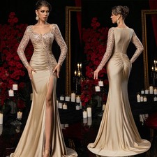 Elegant Evening Dresses Mermaid Strapless Sequined Prom Satin Long Sleeve Gown