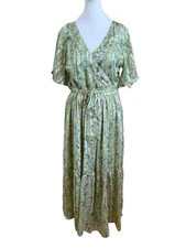 HARLOW & ROSE Sage Green Floral + Gold Metallic Threads Tiered Maxi Dress Medium