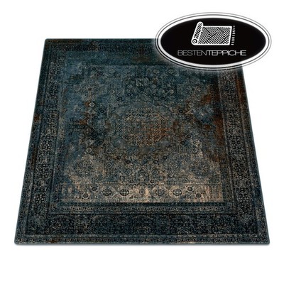 Moderne natürliche Wolle Teppich ''OMEGA'' Mamluk Quadrat Rosette vintage blau