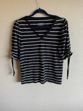 Talbots Women's Striped V-neck Shirt With Strings On The Sleeves Size Medium
