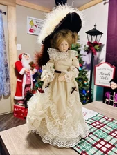 Beautiful Vintage Victorian Lace Porcelain Doll with Umbrella and Stand 16”