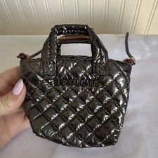 Mz Wallace Mini Metro Tote Crossbody Bag Purse Metallic Dark Gray Bag Charm