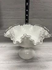 Vintage Fenton Silvercrest Compote Pedestal Dish Milk Glass Ruffle Edge