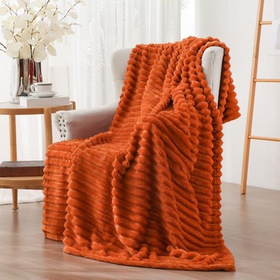 Flannel Fleece Throw Blanket Couch Bed 300GSM Striped Orange 50x70 Inch