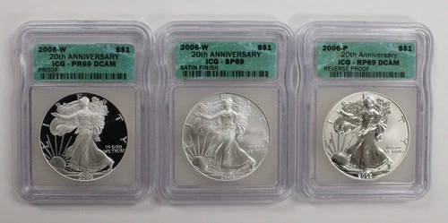 2006-W (P) $1 American Silver Eagle 20th Anniversary Set - ICG PR69, RP69, SP69