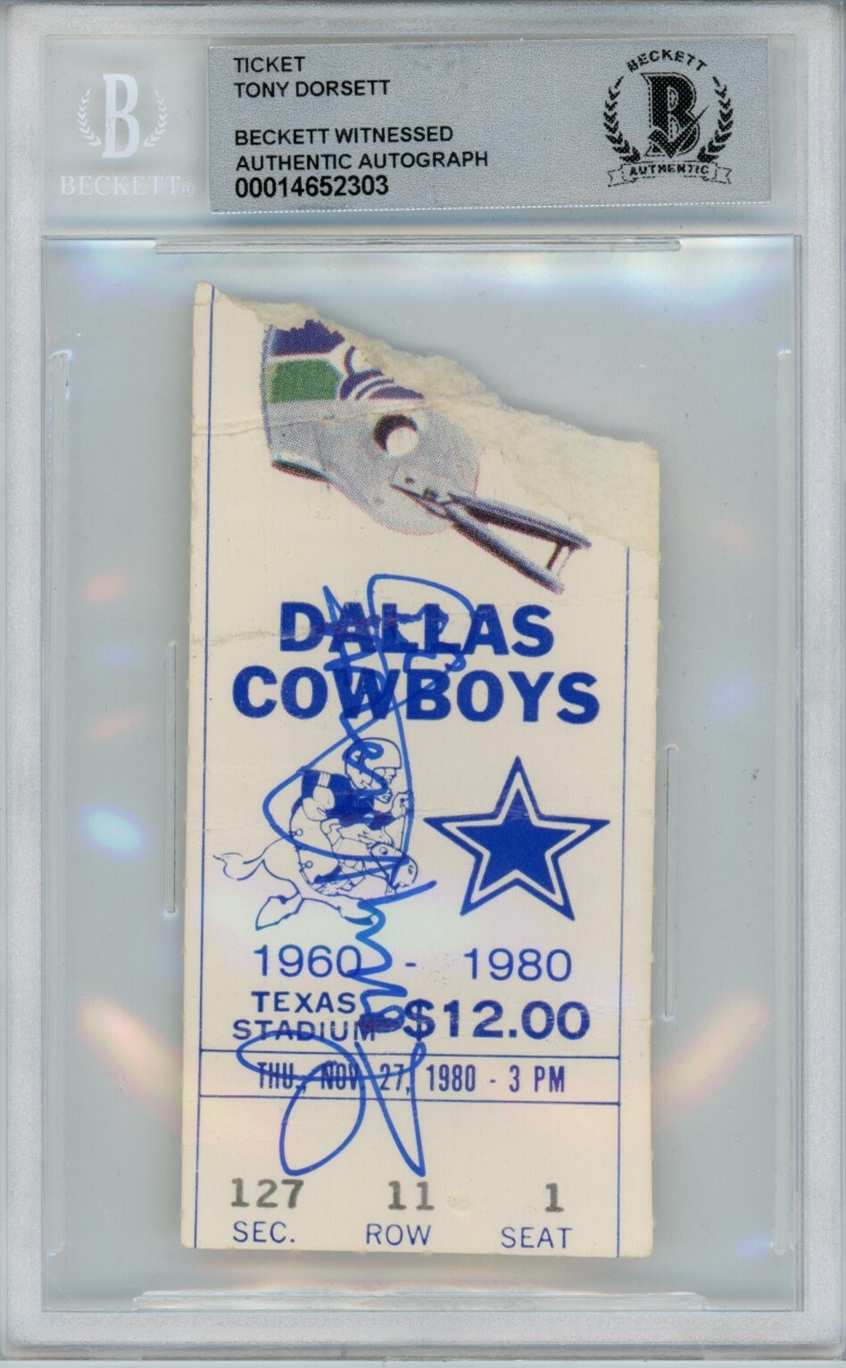 Tony Dorsett Autographed Signed 11/27/1980 Ticket Stub Beckett 