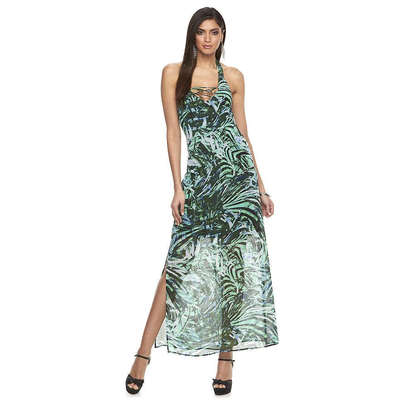 New~JENNIFER LOPEZ Lace-Up Interlaced Leaf Halter 'Party' Dress