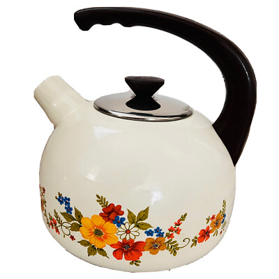 Vintage JPM Enamel Tea Pot Kettle LARGE Sweet Flowers Made In Spain RARE