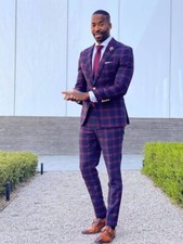 Spring Plaid Breathable Men Suits 2Piece Single-Breasted Peak Formal Party Pants